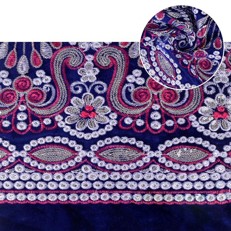 Необычная ткань для платьев с 3d вышивкой, индийский велюр, бархат, Африканский, фиолетовый и серебряный, на заказ, Обычная прядь, трикотажная вышивка 50/52 дюйма