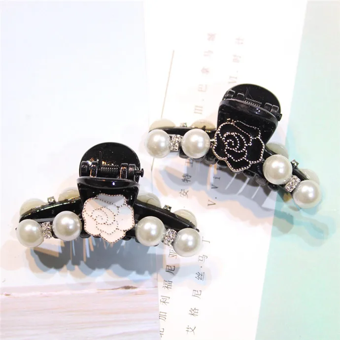 Hot Sell Women Camellia Flower Acrylic Rhinestone Pearl Plain Hair Claws