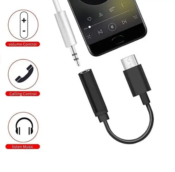 Black Type C/USB C to 3.5mm Headphone Audio Jack Adapter USB-C to 3.5mm Female Aux Microphone Cable for Cell Phones