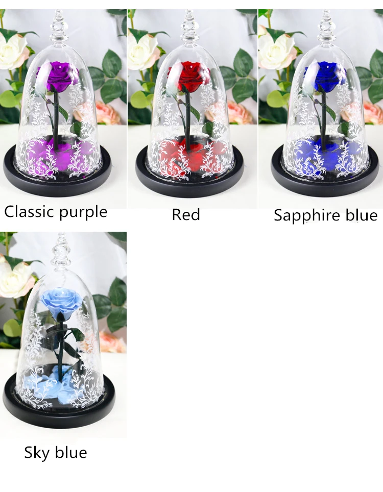 
2018 new style best gift with led light beauty and the beast preserved flower eternal rose in glass dome 