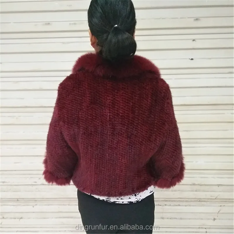 
Women real fur Cape Knitted Mink Fur poncho with fox fur trim 