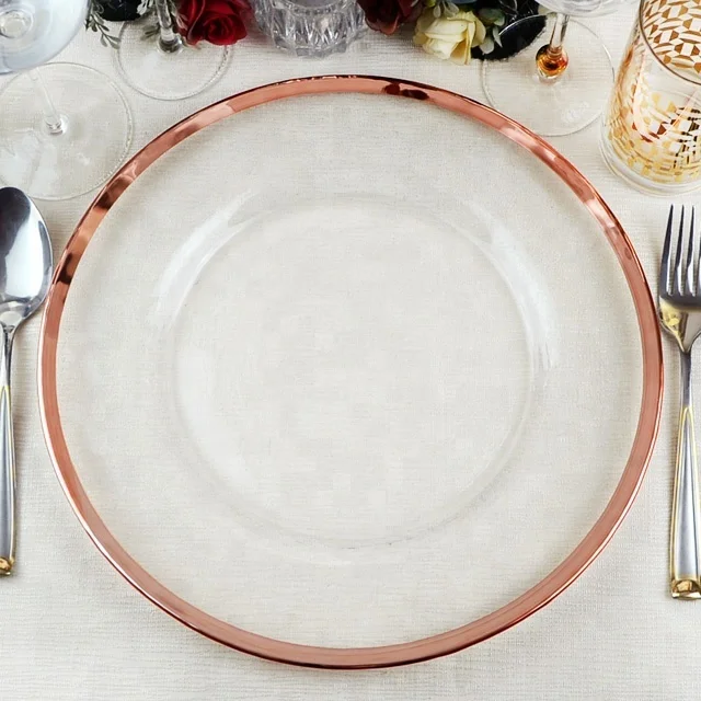 Cheap glass black rimmed charger plates antique black dinner plates wholesale with glitter party rentals