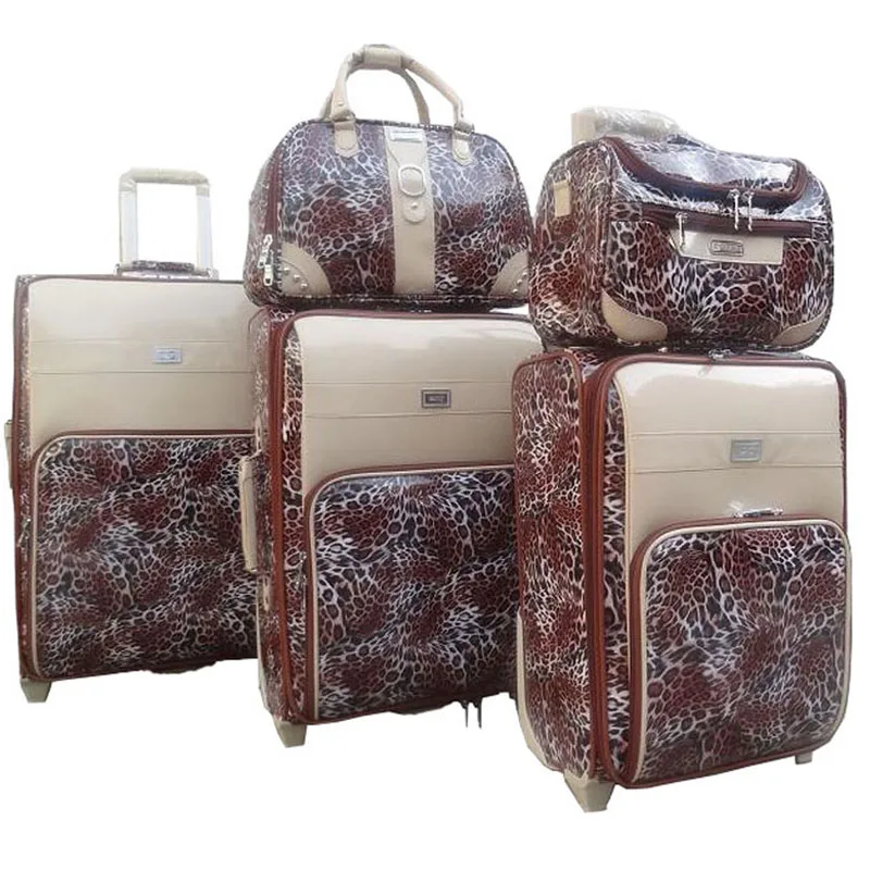 pu leather rolling spinner suitcase leopard 4 wheels 5pcs trolley case
