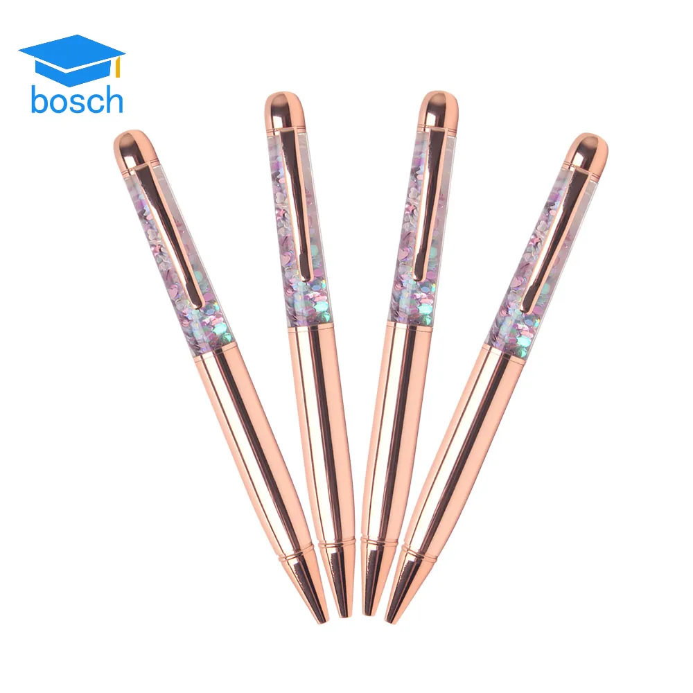 Promotional novelty gold foil gift floating ball pen with rose gold fashion glitter pen