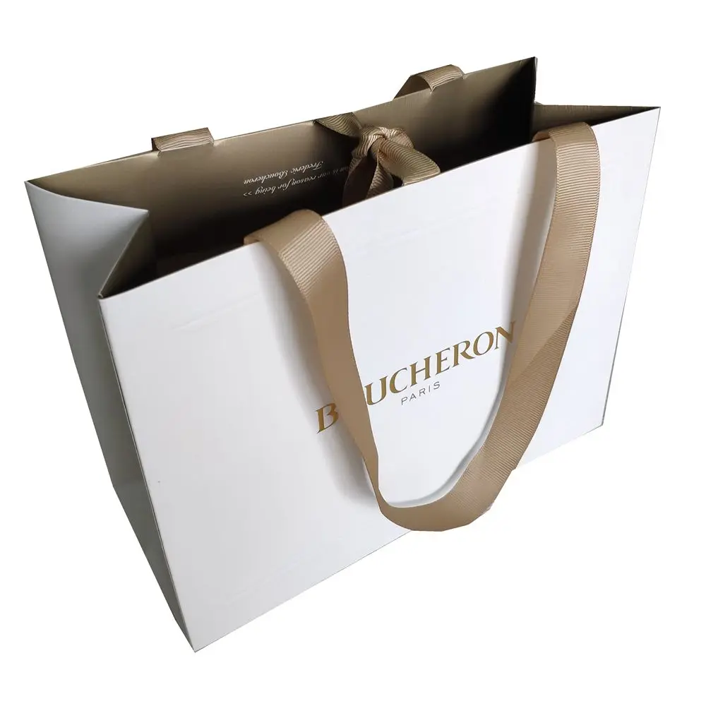 Custom Printed Paper Bags Cardboard Luxury White Kraft Paper Gift Bag With Ribbon Handle For Shopping Bag With Your Own Logo