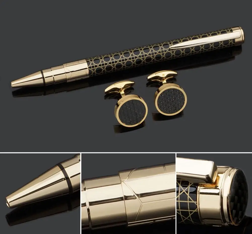 
Graceful Geometric Line Design Metal Pen and Carbon Fiber Cufflinks Business Set 
