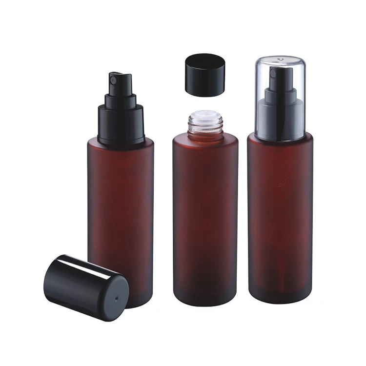 skin care cosmetic packaging 100ml rose red round flat shoulder glass bottle with sprayer cap