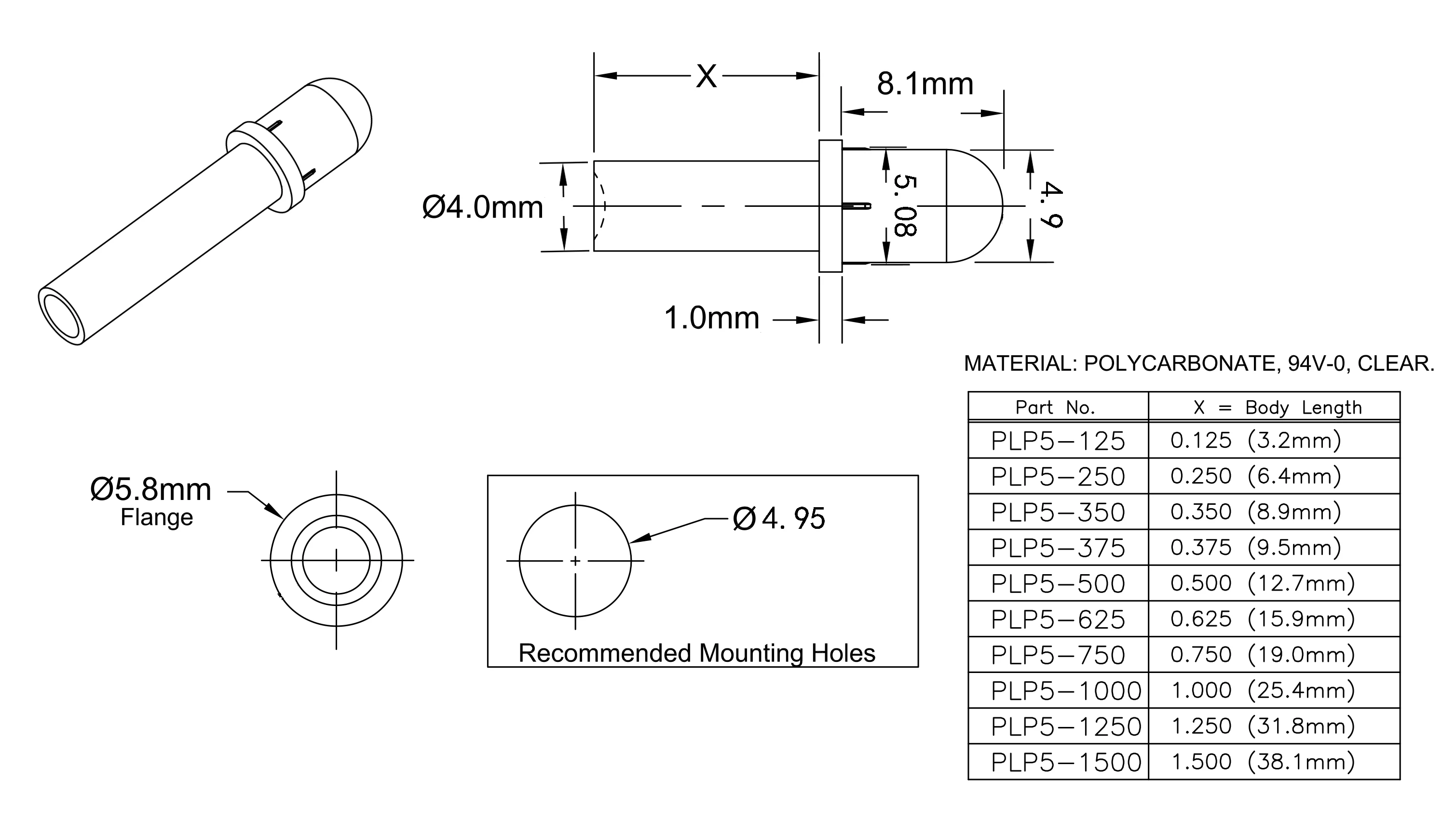 4MM Diameter Led Light Pipe RoHS Clear PC Light Guide Tube PLP5-125