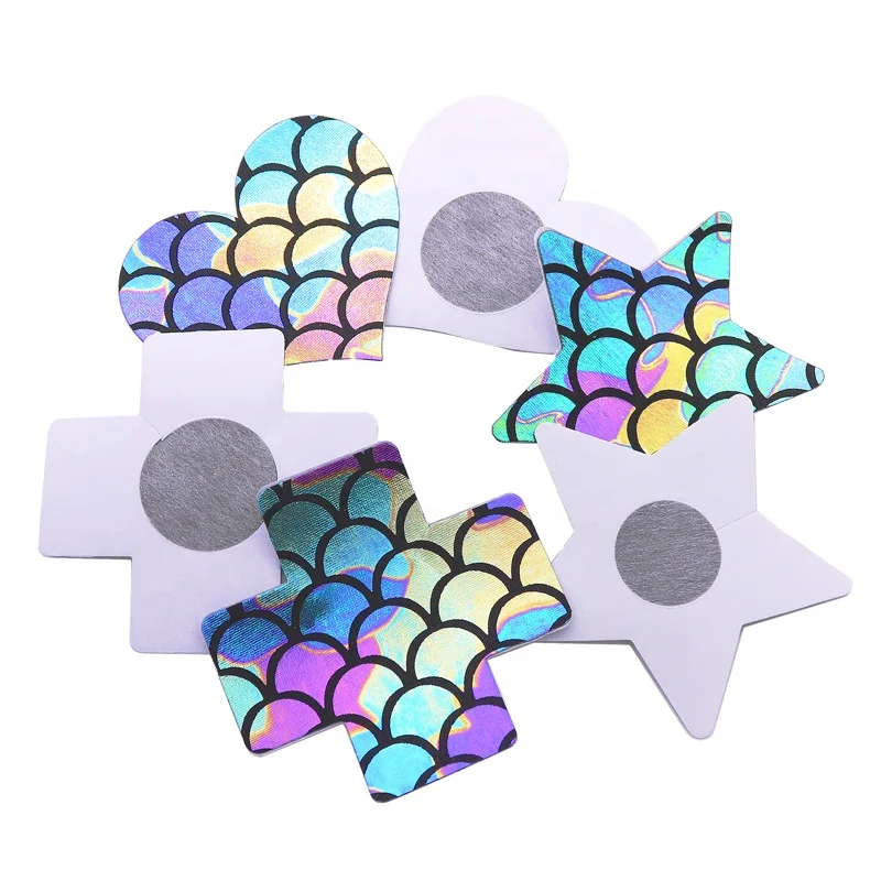 Laser Mermaid Pattern Disposable Adhesive Sexy Heart Star Mixed Shaped Nipple Breast Cover Sticker