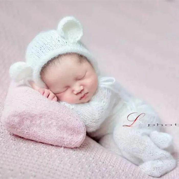 Wool clothes Cap Knitted Baby Teddy Bear Hat and footed Romper Crochet Baby Outfit Photography Props