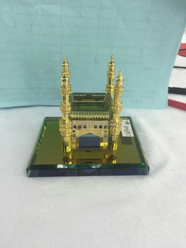 Crystal Hyderabad Charminar Mosque Model & Gold Plated Metal Charminar Model for India Wedding Gift