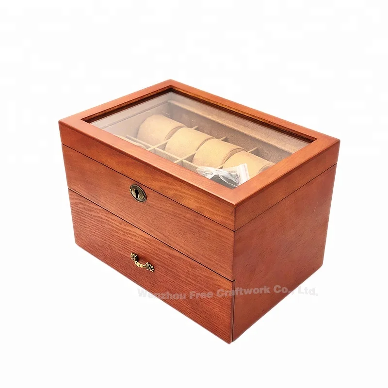Factory Custom Luxury Solid Wood Watch Gift Box With Drawer Wooden Display Watch Storage Key Lock Box