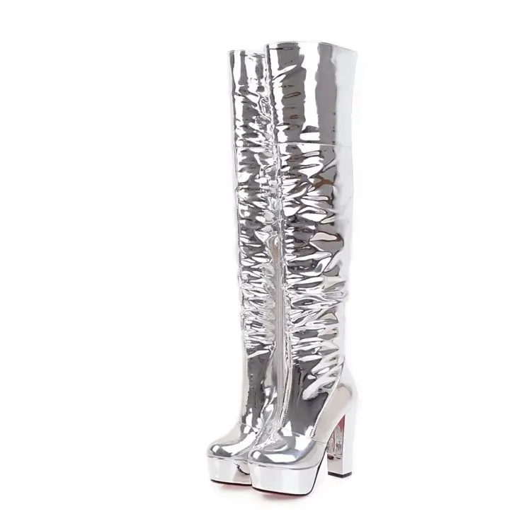 New fashion women silver color shoes platform high chunky heels over the knee boots
