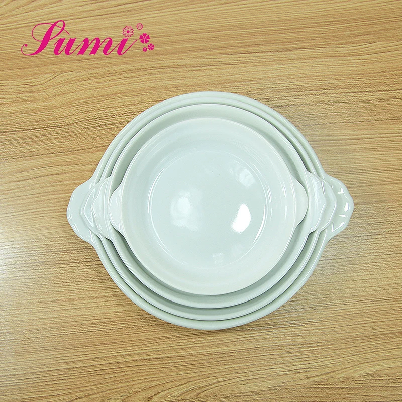 Factory direct hotel use baking ceramic microwave dish plate with handle