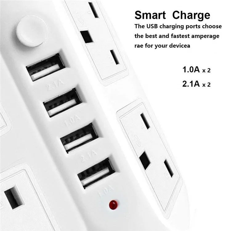 3M/9.8ft Extension Lead,4 USB Ports 8 Way Outlets Tower Power Strip Vertical Socket with Surge Protector Overload Protection