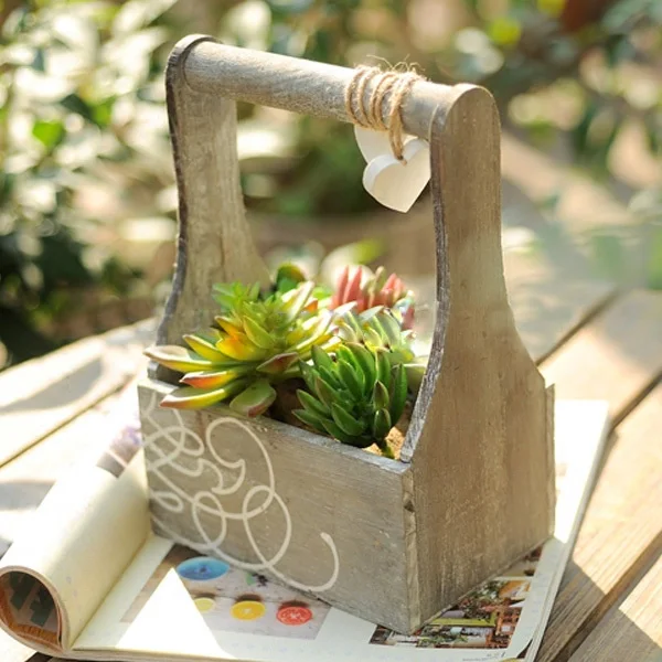 custom decoration wooden planter box succulent plants pots with handle
