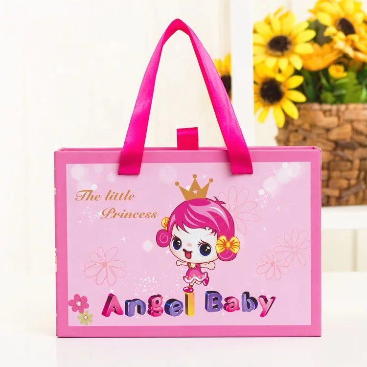 Manufacture custom pink baby gift box with ribbon handle