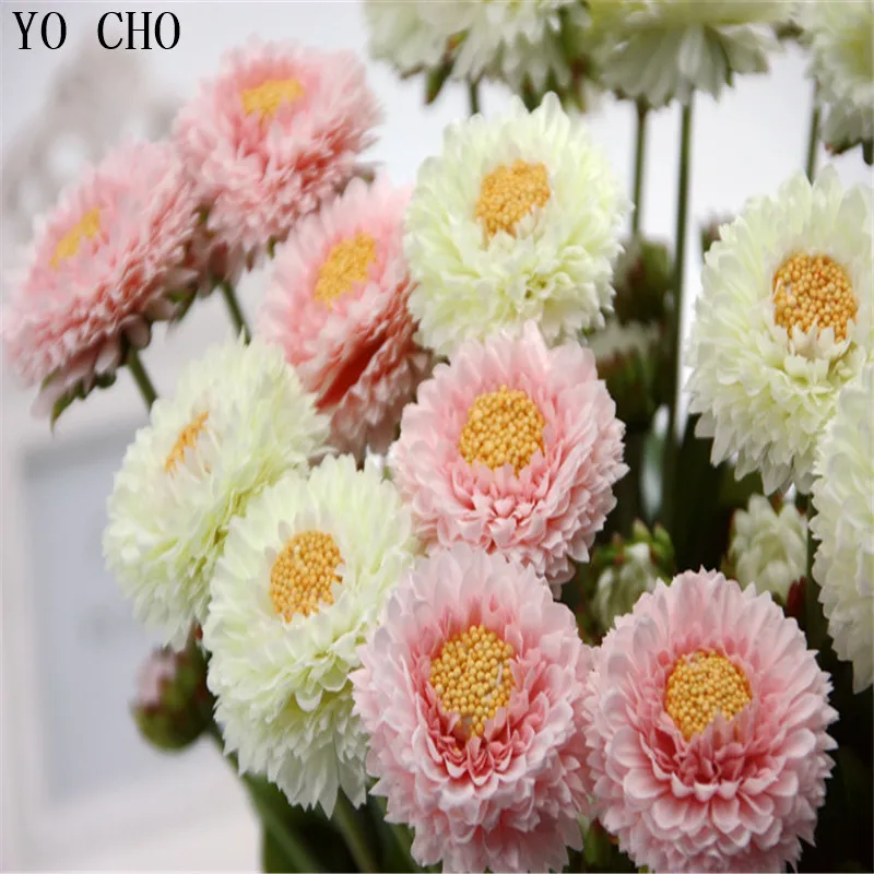 
YO CHO Party Home decoration mini silk artificial flower green leaves Long stem decorative chrysanthemum silk artificial flowers 