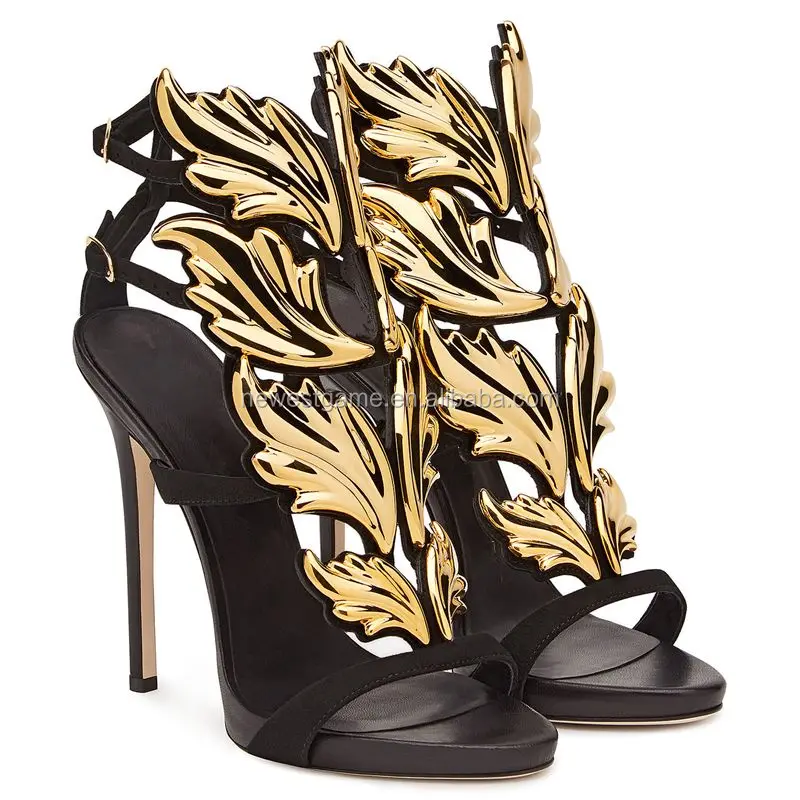 
Gold Leaves European American Fashion Sandals Elegant Woman Party Night Club Ladies Extreme High Heels Shoes 