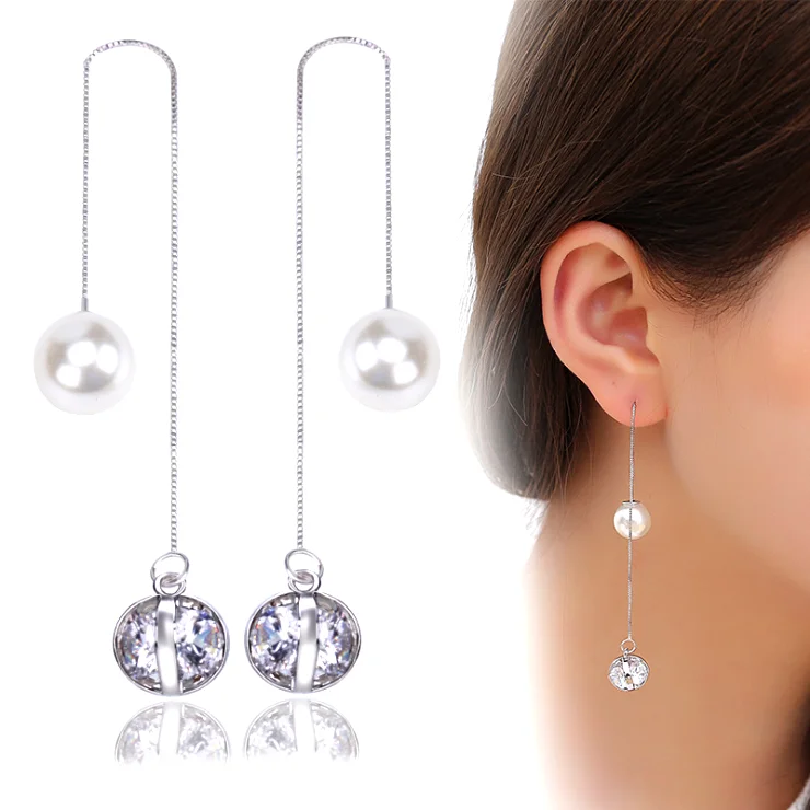 Fashion Tiny Box Chain Put Through Earrings Pearl and CZ Charm Dangling Earrings