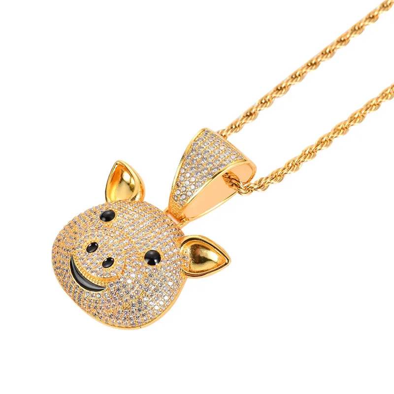New Arrived Micro Paved Zircon Gold Plated Animal Pig Pendant Necklace Men HipHop Jewelry
