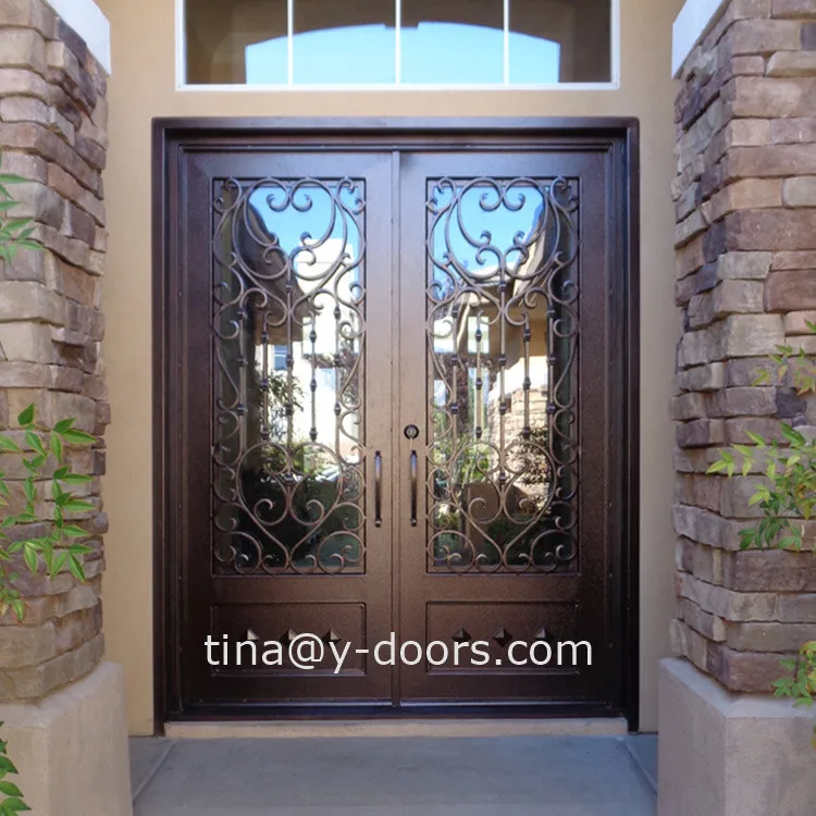 Custom hand forged security steel door double wrought iron door with screen