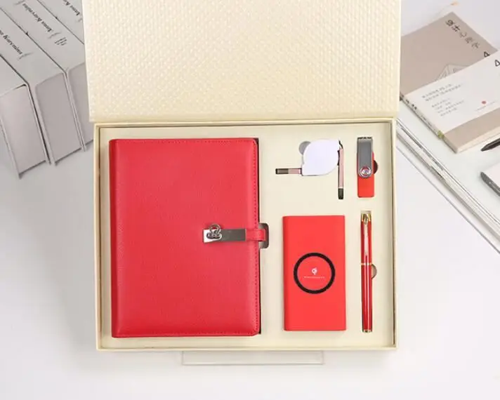 2018 hot sale business gift set organizer planner notebook with power bank and usb flash drivewith 3 in 1 line cable