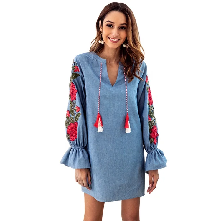 Women Balloon Sleeve Embroidered Denim Dress