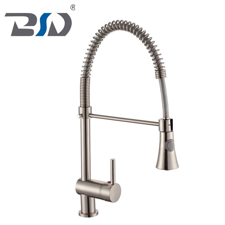 European Long Neck Single Handle Water Ridge Brass Pull Out Down Nickel Brushed Kitchen Sink Faucet