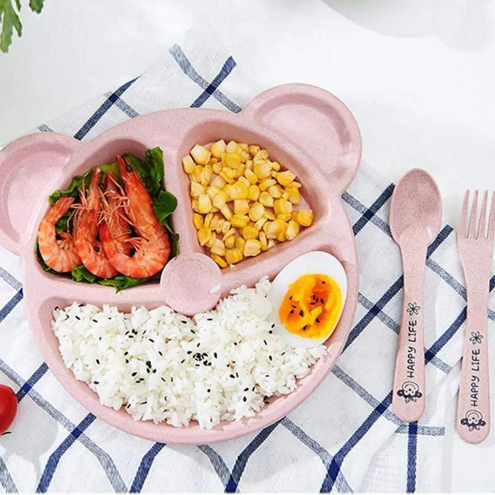 Healthy eco-friendly wheat straw divided plates set 3 with spoon and fork dishwasher for baby feeding, kids &children &toddler
