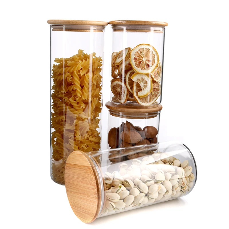 
Wholesale food grade glass storage jar pasta canister jar with bamboo lids for kitchen 