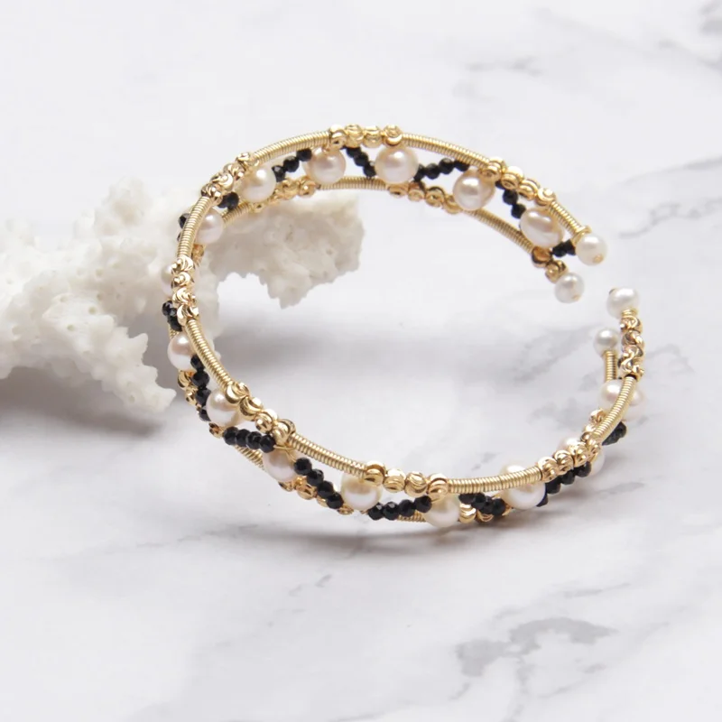 Handmade spinel freshwater pearl gold filled wire wrap pearl bracelet