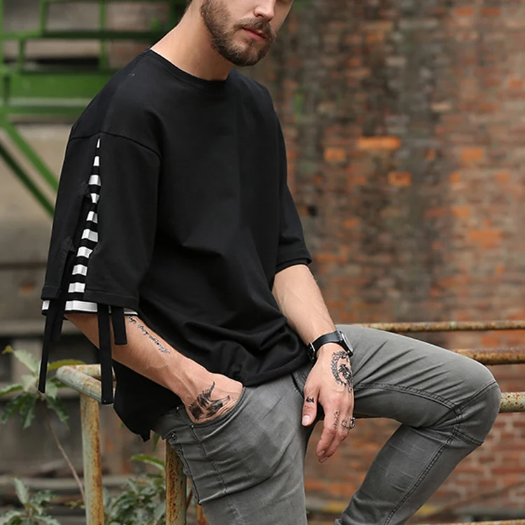 Wholesale OEM Fashion Extra Long Blank High Quality Stripe Decorate Hip Hop T Shirt