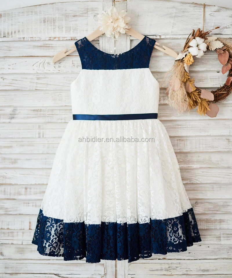 Ivory\Navy Blue Stripe Lace Wedding Flower Girl Dress Kids Birthday Party Dress Toddler Baby Girl Dress