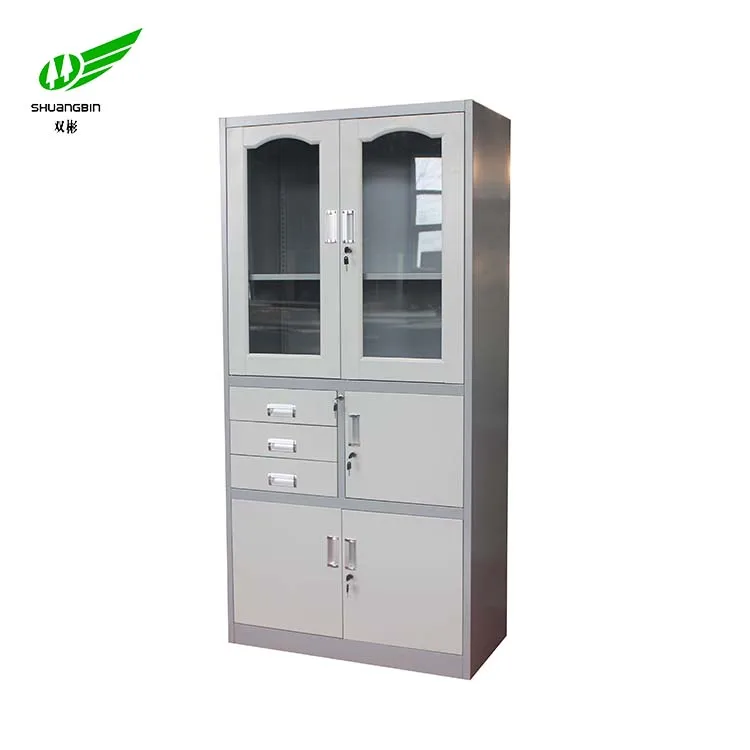 Model designed white glass cabinet door lock/office steel cupboard with 3 drawers and 2 glass doors/cupboard