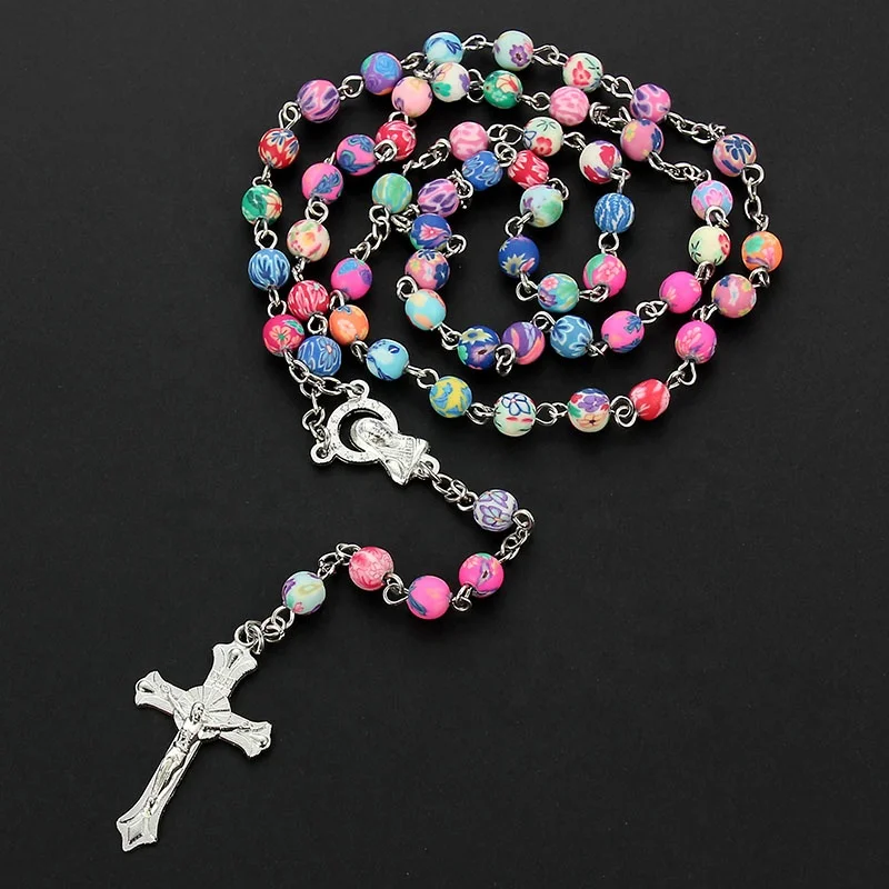 8mm Colorful Polymer Clay Bead Rosary Pendant Necklace Alloy Cross Virgin Mary Christian Catholic Religious Jewelry