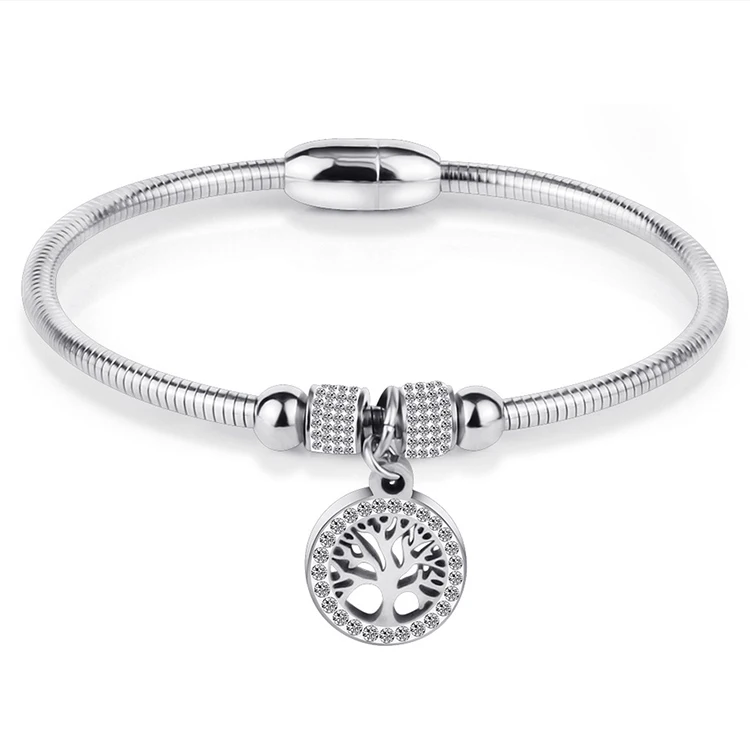 LOYALTY B167 DIY Stainless Steel Tree Of Life Charm Silver Snake Chain Magnetic Clasp Bracelet