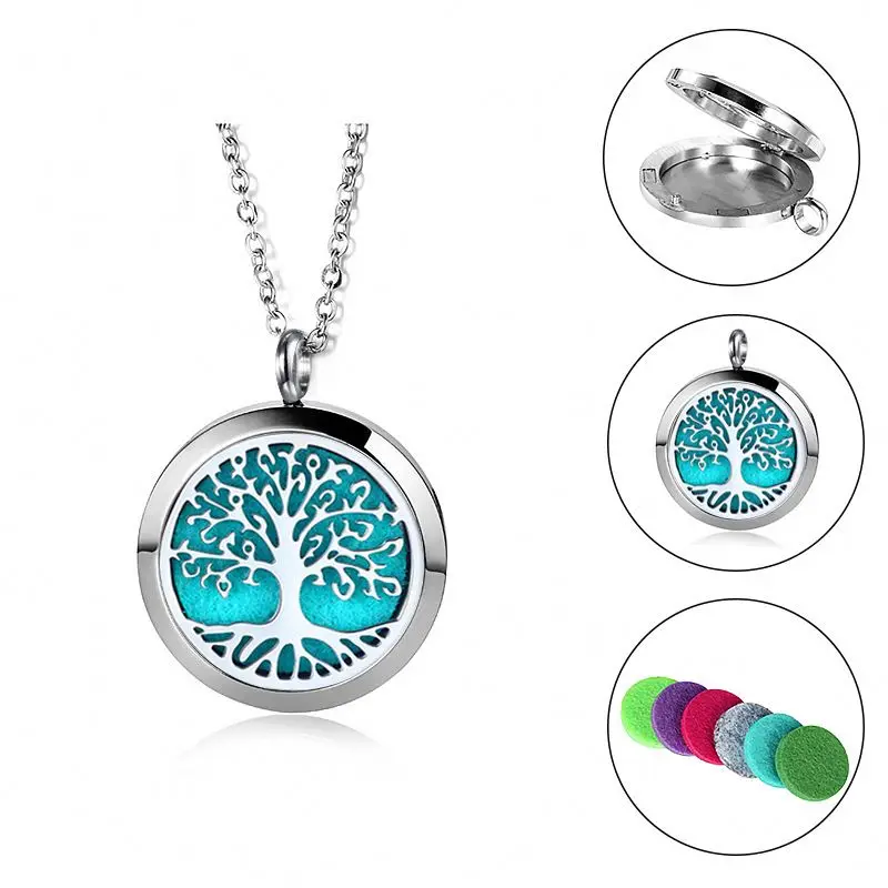 Tree Of Life Titanium Stainless Steel 316L Jewelry Gold Plated Necklace Locket Women Aroma Essential Oil Diffuser Necklace