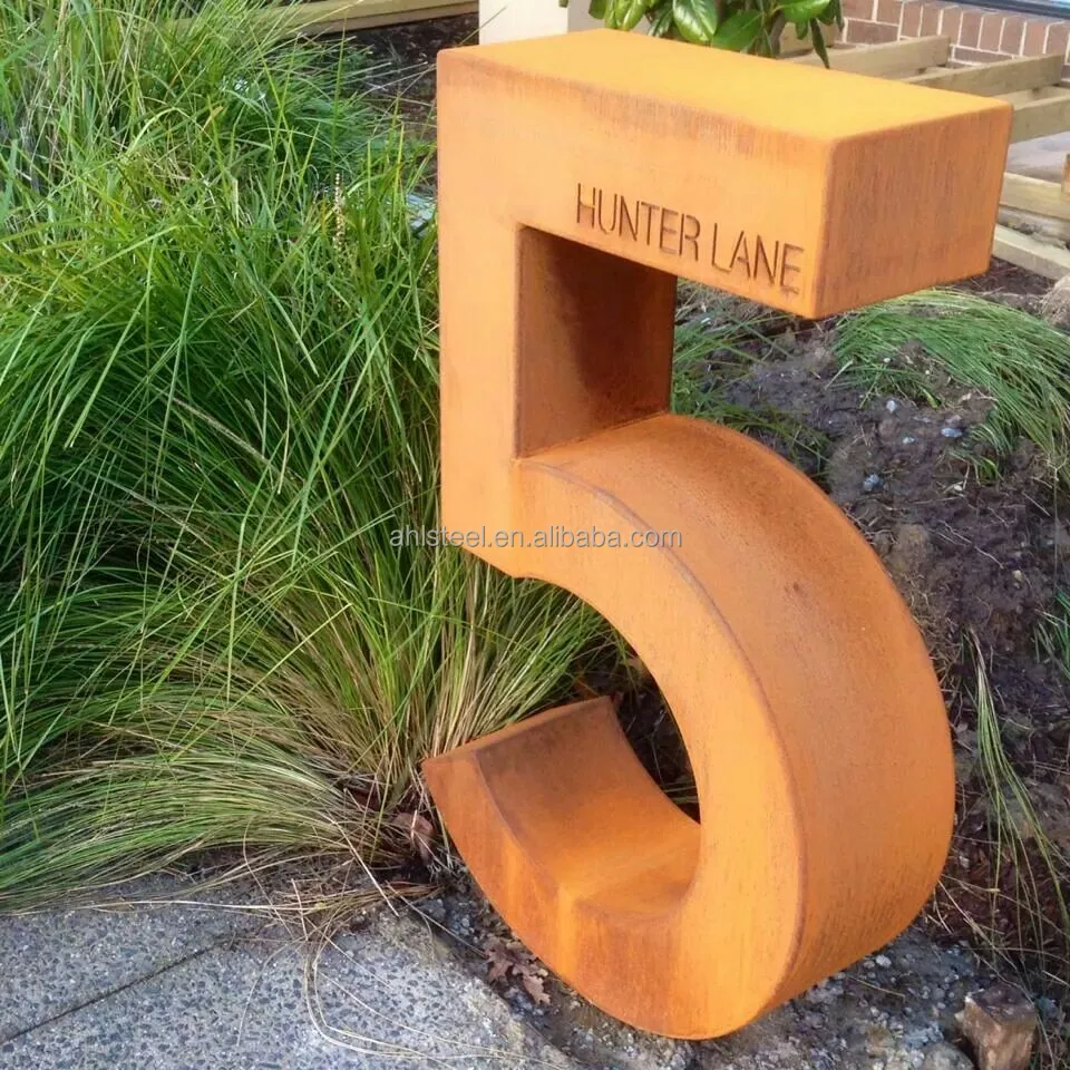 Laser cut outdoor large sculptural metal corten lettering for mail box