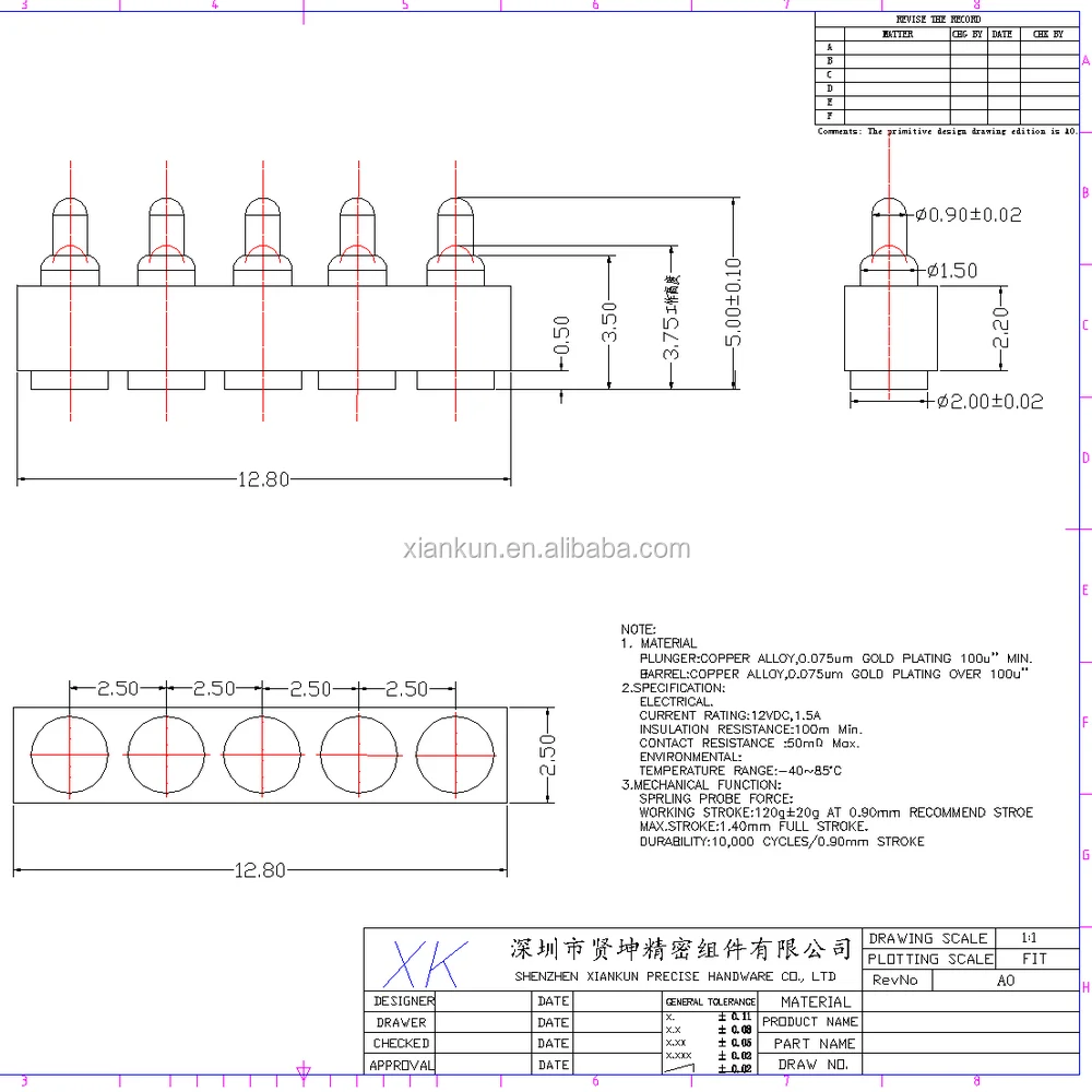 Pin Pitch 2.5 mm Precision Customized 5 pin Pogo Pin connector