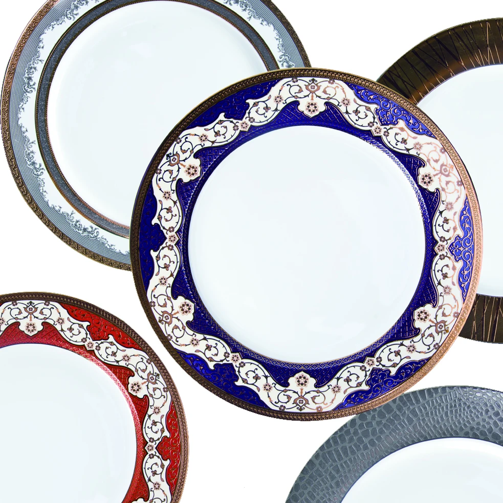 
2019 Restaurant Arabic Design Bone China Crockery Dinnerware Sets, Luxury Decal Bone China Hotel Dinner Set Gold Charge Plates& 