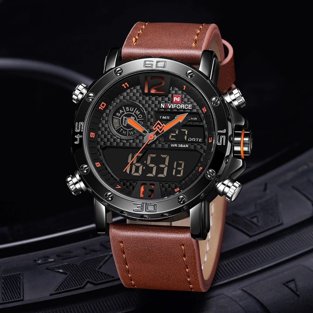 NAVIFORCE 9134 Men Watches Top Brand Luxury Original Sport Watch Leather Strap Waterproof Miliary Dual Display Wrist watch Clock
