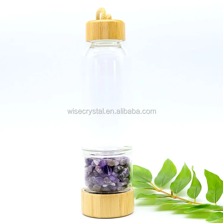 
Glass Drinking Bottle healing crystal water bottle with Bamboo Lid 