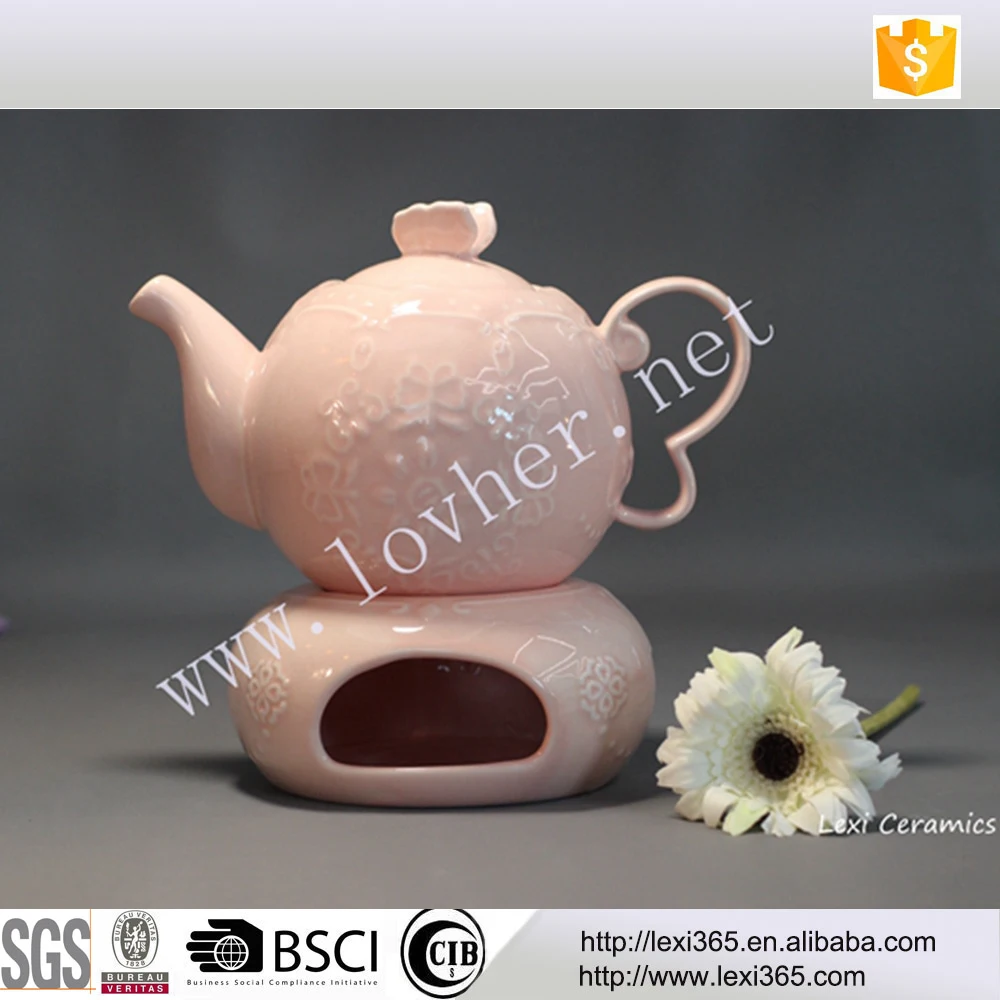 Elegant embossed new bone porcelain heated teapot with warmer for tea set Romantic sweet style
