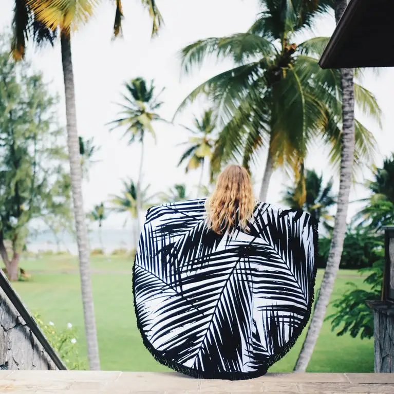 
custom design 100% microfiber round beach towel with tassel 