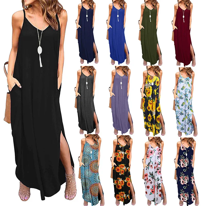 
hot sale plain boho floral maxi dress summer hot night evening shoulder straps splits knitted poly long casual dress women 