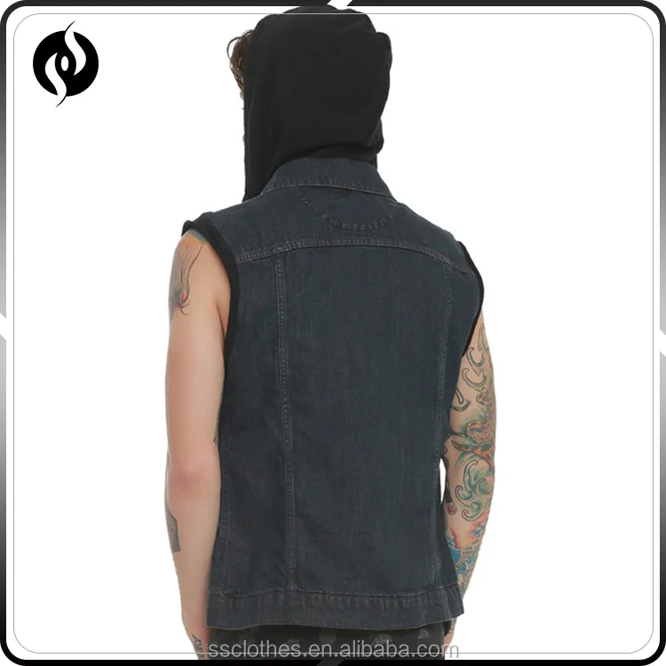 Wholesale New style customize black 100% cotton hooded denim vest for man