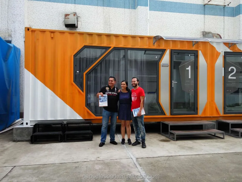 Mobile expandable container house luxury with capsule bed with shower and toilet with A/C with lockers with seats and desks