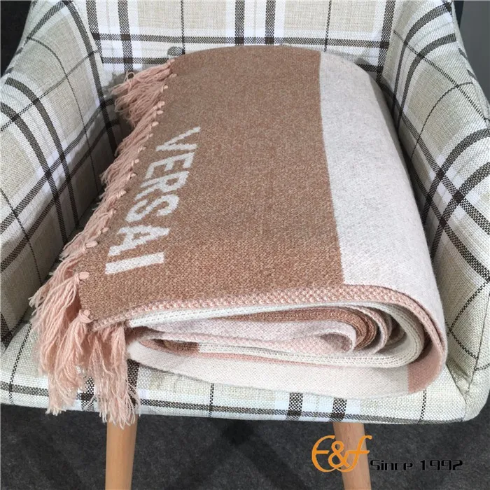 Letter Jacquard Tassels Design Merino Wool thick Knitting Blanket