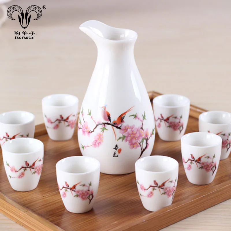 9 Piece Ceramic White and Red Blossom Japanese Sake Set, White wine set